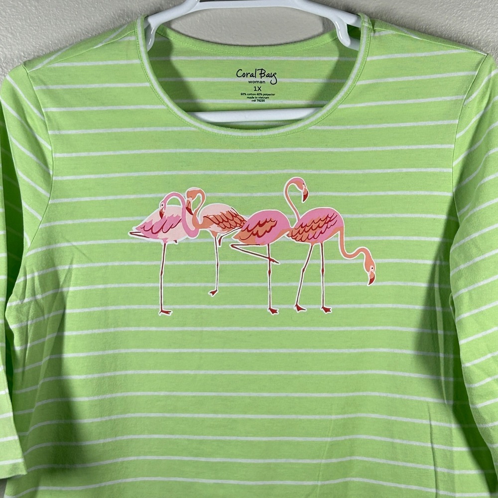Coral Bay Woman 1X Lime Green Striped Flamingo Graphic 3/4 Sleeve Top
